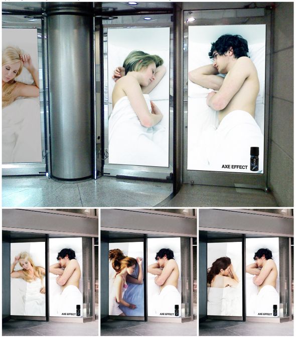 オーデコロンの回転ドア広告。回転するのは女性の写真だけらしく「良い香りでモテモテ」を表現しているようです。≪韓国≫
